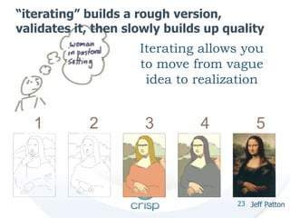 “iterating” builds a rough version, 
validates it, then slowly builds up quality 
Iterating allows you 
to move from vague 
idea to realization 
1 2 3 
4 5 
23 Jeff Patton 
 