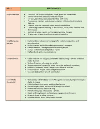 ROLES RESPONSIBILITIES
Project Manager ● Facilitates the definition of project scope, goals and deliverables
● Deliver deliverables on scope, time and budget
● Set tasks, schedules, resources and critical path items
● Produce and maintain project documentation: initiation, Gantt chart and
RAID Log
● Establish effective communications with all stakeholders
● Conduct regular team meetings to discuss tasks, issues, risks, timelines and
deliverables
● Maintain progress reports and manage any arising changes
● Drive project to a successful outcome within deadline
Email Campaign
Manager
● Implement innovative email campaigns for customer acquisition and
retention plans
● Design, manage and build marketing automated campaigns
● Coordinate email campaigns around marketing efforts
● Analyse customer data and produce reports
● Proficient with online marketing tools
Content Writer ● Create relevant and engaging content for website, blog, e-articles and social
media channels
● Write online press releases and e-articles
● Write promotional content for online marketing and email campaigns
● Generate content for online competitions, contests, deals etc.
● Source relevant images, videos and photo content
● Generate SEO content for web optimization
Social Media
Coordinator
● Work closely with the Social Media Manager in successfully implementing the
digital strategies
● Publish daily content across social media channels
● Upload images, videos and photos on all digital platforms
● Update the company website & blog
● Publish online press releases and e-articles
● Create and reply to posts and positively engage with online users
● Respond timely to online customers
● Promote content across social media channels
 