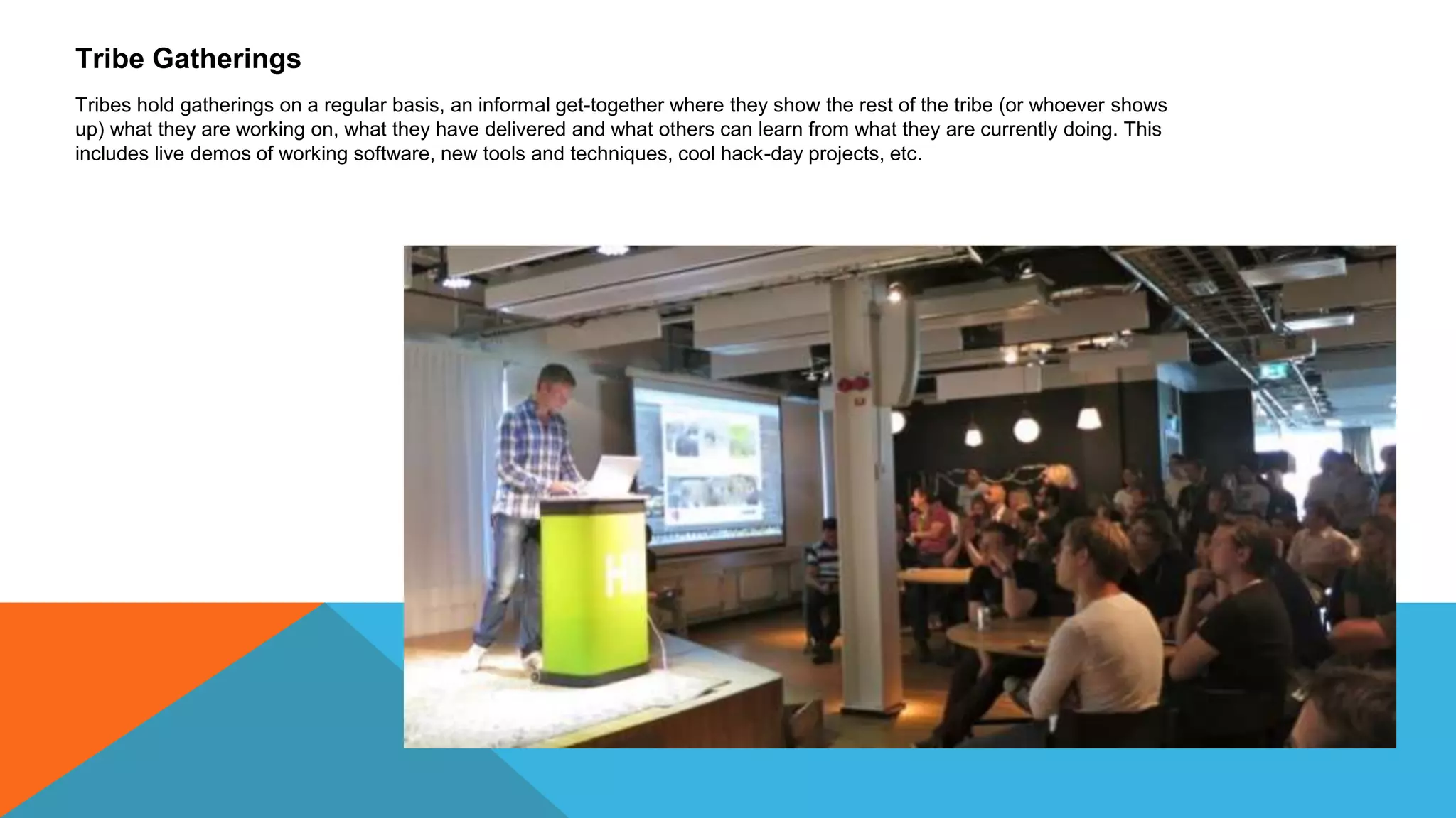 Tribe Gatherings
Tribes hold gatherings on a regular basis, an informal get-together where they show the rest of the tribe (or whoever shows
up) what they are working on, what they have delivered and what others can learn from what they are currently doing. This
includes live demos of working software, new tools and techniques, cool hack-day projects, etc.
 