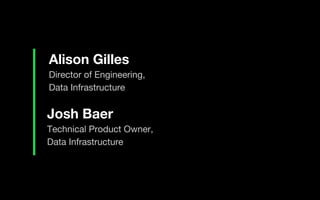 Alison Gilles
Director of Engineering,
Data Infrastructure
Josh Baer
Technical Product Owner,
Data Infrastructure
 