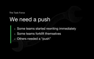 • Some teams started rewriting immediately
• Some teams forklift themselves
• Others needed a “push”
We need a push
The Task Force
 