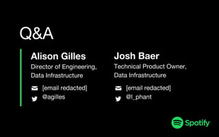 [email redacted]
@l_phant
Q&A
Alison Gilles
Director of Engineering,
Data Infrastructure
Josh Baer
Technical Product Owner,
Data Infrastructure
[email redacted]
@agilles
 