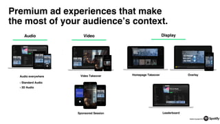 15
Premium ad experiences that make
the most of your audience’s context.
Audio Video Display
Audio everywhere
- Standard Audio
- 3D Audio
OverlayHomepage TakeoverVideo Takeover
LeaderboardSponsored Session
 