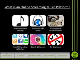 What is an Online Streaming Music Platform?

Access to millions
of songs

Subscription &
Ad-based model

Social Networking
& Playlists
Introduction

Listen to tracks
online

Search & Discover

No downloads

5 Forces

Sustainability

Recommend

Conclusion

 