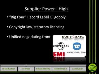 Supplier Power - High
• “Big Four” Record Label Oligopoly

• Copyright law, statutory licensing
• Unified negotiating front

Introduction

5 Forces

Sustainability

Recommend

Conclusion

 