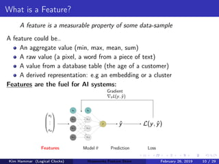 What is a Feature?
A feature is a measurable property of some data-sample
A feature could be..
An aggregate value (min, max, mean, sum)
A raw value (a pixel, a word from a piece of text)
A value from a database table (the age of a customer)
A derived representation: e.g an embedding or a cluster
Features are the fuel for AI systems:




x1
...
xn




Features
b0
x0,1
x0,2
x0,3
b1
x1,1
x1,2
x1,3
ˆy
Model θ
ˆy
Prediction
L(y, ˆy)
Loss
Gradient
θL(y, ˆy)
Kim Hammar (Logical Clocks) Hopsworks Feature Store February 26, 2019 10 / 29
 