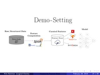 Feature
Computation
Raw/Structured Data
Data Lake
Feature Store
Curated Features
Model
b0
x0,1
x0,2
x0,3
b1
x1,1
x1,2
x1,3
ˆy
Demo-Setting
Kim Hammar (Logical Clocks) Hopsworks Feature Store February 26, 2019 27 / 29
 