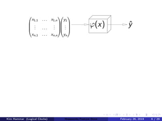 ϕ(x)




y1
...
yn








x1,1 . . . x1,n
... . . .
...
xn,1 . . . xn,n




ˆy
Kim Hammar (Logical Clocks) Hopsworks Feature Store February 26, 2019 6 / 29
 