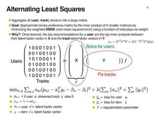 16
1 0 0 0 1 0 0 1
0 0 1 0 0 1 0 0
1 0 1 0 0 0 1 1
0 1 0 0 0 1 0 0
0 0 1 0 0 1 0 0
1 0 0 0 1 0 0 1
X YUsers
• = bias for user
• = bias for item
• = regularization parameter
• = 1 if user streamed track else 0
•
• = user latent factor vector
• = item latent factor vector
Fix tracks
Solve for users
•Aggregate all (user, track) streams into a large matrix
•Goal: Approximate binary preference matrix by the inner product of 2 smaller matrices by
minimizing the weighted RMSE (root mean squared error) using a function of total plays as weight
•Why?: Once learned, the top recommendations for a user are the top inner products between
their latent factor vector in X and the track latent factor vectors in Y.
Alternating Least Squares
yi
Tracks
 