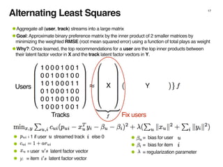 17
1 0 0 0 1 0 0 1
0 0 1 0 0 1 0 0
1 0 1 0 0 0 1 1
0 1 0 0 0 1 0 0
0 0 1 0 0 1 0 0
1 0 0 0 1 0 0 1
X YUsers
• = bias for user
• = bias for item
• = regularization parameter
• = 1 if user streamed track else 0
•
• = user latent factor vector
• = item latent factor vector
Fix users
•Aggregate all (user, track) streams into a large matrix
•Goal: Approximate binary preference matrix by the inner product of 2 smaller matrices by
minimizing the weighted RMSE (root mean squared error) using a function of total plays as weight
•Why?: Once learned, the top recommendations for a user are the top inner products between
their latent factor vector in X and the track latent factor vectors in Y.
Alternating Least Squares
yi
Tracks
 