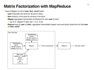 Matrix Factorization with MapReduce
27
One map task
Distributed
cache:
All user vectors
where u % K = x
Distributed
cache:
All item vectors
where i % L = y
Mapper Emit contributions
Map input:
tuples (u, i, count)
where
u % K = x
and
i % L = y
Reducer New vector!
•Input to Mapper is a list of (user, item, count) tuples
– user modulo K is the same for all users in block
– item modulo L is the same for all items in the block
– Mapper aggregates intermediate contributions for each user (or item)
– Eg: K=4, Mapper #1 gets user 1, 5, 9, 13 etc
– Reducer keys by user (or item), aggregates intermediate mapper sums and solves closed form for final user
(or item) vector
 