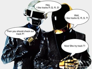 Deﬁnition of CF
8
Hey,
I like tracks P, Q, R, S!
Well,
I like tracks Q, R, S, T!
Then you should check out
track P!
Nice! Btw try track T!
Legacy Slide of Erik Bernhardsson
 