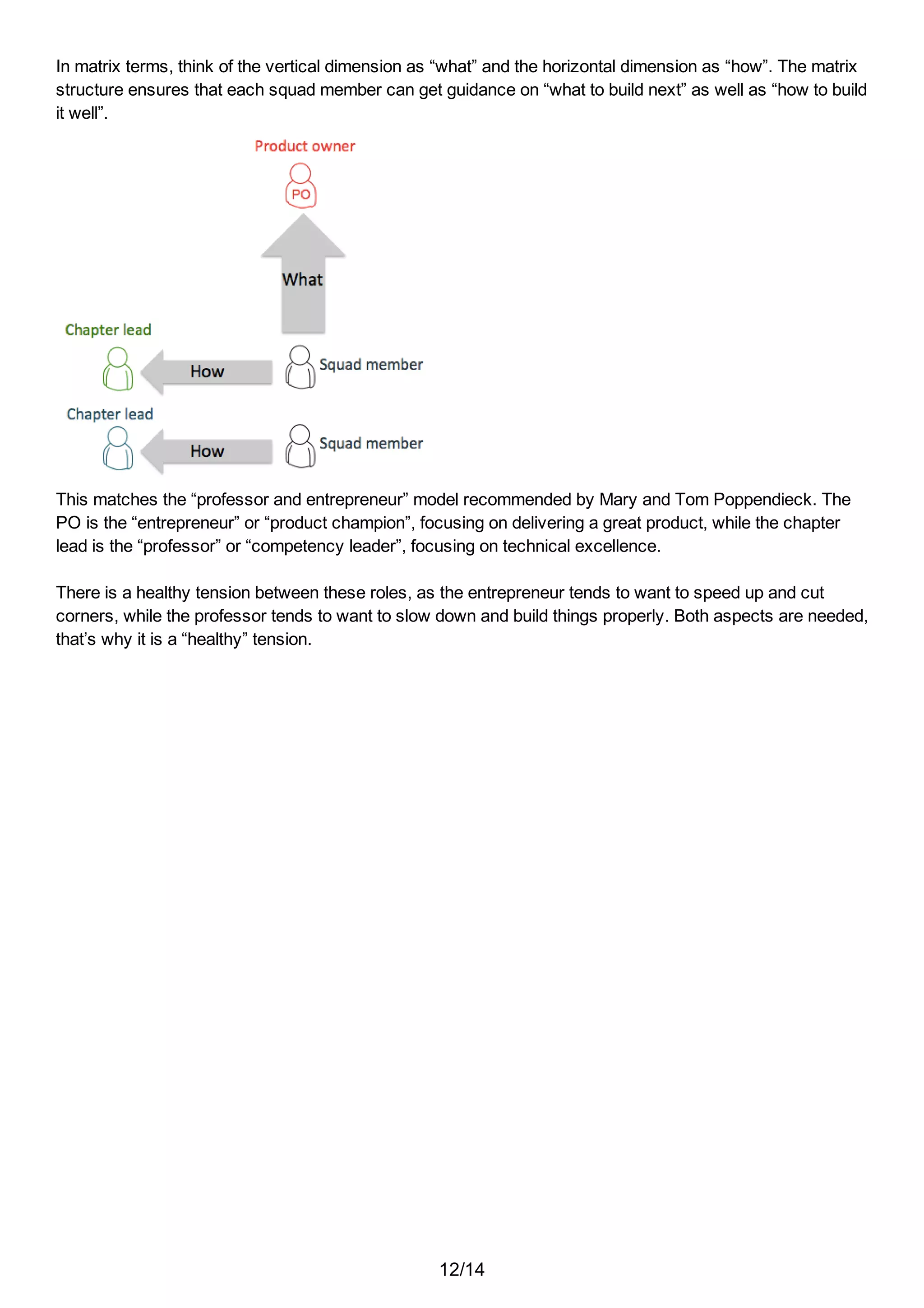In  matrix  terms,  think  of  the  vertical  dimension  as  “what”  and  the  horizontal  dimension  as  “how”.  The  matrix
structure  ensures  that  each  squad  member  can  get  guidance  on  “what  to  build  next”  as  well  as  “how  to  build
it  well”.
This  matches  the  “professor  and  entrepreneur”  model  recommended  by  Mary  and  Tom  Poppendieck.  The
PO  is  the  “entrepreneur”  or  “product  champion”,  focusing  on  delivering  a  great  product,  while  the  chapter
lead  is  the  “professor”  or  “competency  leader”,  focusing  on  technical  excellence.
There  is  a  healthy  tension  between  these  roles,  as  the  entrepreneur  tends  to  want  to  speed  up  and  cut
corners,  while  the  professor  tends  to  want  to  slow  down  and  build  things  properly.  Both  aspects  are  needed,
that’s  why  it  is  a  “healthy”  tension.
12/14
 