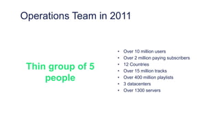 Operations Team in 2011
Thin group of 5
people
• Over 10 million users
• Over 2 million paying subscribers
• 12 Countries
• Over 15 million tracks
• Over 400 million playlists
• 3 datacenters
• Over 1300 servers
 