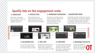 Spotify Ads on the engagement scale
               1. AUDIO ADS                       3. DISPLAY ADS                          5. HOMEPAGE TAKEOVERS                     7. ADVERTISER PAGE
               High impact, unavoidable           Places leaderboard and                  High impact, unavoidable format;          An ad-served microsite, seamlessly integrated
               format comprised of audio ad,      skyscraper ads in the Spotify           allows for effective redesign and         into the Spotify player. The advertiser page can
               campaign cover art, and            player, served when the user is         brand-ownership of Spotify.               contain practically any content you'd display
               clickable scrolling text.          actively interacting with Spotify.      It's the ﬁrst thing a user sees           on a webpage, including videos, clickable
                                                                                          when they open Spotify.                   images, blogs, news, links, comments and more.
INTERRUPTING




                                                                                                                                                                             ENGAGING
                                   2. BILLBOARD ADS                    4. MPU ADS                           6. LIGHTBOX                         8. BRANDED PLAYLISTS
                                  A format with huge standout;         Standard online format for the       An overlay window launched by       Custom user-generated
                                  acts like a screensaver after a      Spotify player homepage: the         any Spotify ad format, hosting      playlists with brand logo,
                                  few minutes of player inactivity.    default start-up page for all        content such as Flash video,        custom text and optional
                                                                       users when they log in to Spotify.   data capture, competitions, live    link to your campaign.
                                                                                                            streaming or game demos.
 