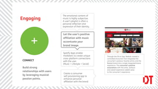 The emotional content of
Engaging                   music is highly subjective.
                           A user’s playlist is often a
                           personal reﬂection and
                           expression of their identity.


                           Let the user’s positive


      +
                           afﬁliation with music
                           accentuate your
                           brand image.

                           Spotify Apps enable
                           marketers to create unique      Through the FitList App, Reebok created a
                           cross-platform connections      controlled encounter that integrated the
CONNECT                    with the user.                  consumer’s workout, favorite artists and the
                                                           Reebok brand into a single integrated brand
                           (Music + Lifestyle + Social)
                                                           experience. The consumer’s positive
Build strong                                               associations with the artist, workout
                                                           and overall experience added value
relationships with users                                   to the consumer's experience.
                           Create a consumer
by leveraging musical      self-provisioning app to
passion points.            enhance personal
                           afﬁliation with the brand.
 