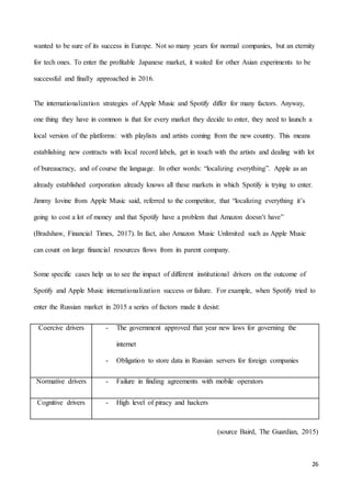 26
wanted to be sure of its success in Europe. Not so many years for normal companies, but an eternity
for tech ones. To enter the profitable Japanese market, it waited for other Asian experiments to be
successful and finally approached in 2016.
The internationalization strategies of Apple Music and Spotify differ for many factors. Anyway,
one thing they have in common is that for every market they decide to enter, they need to launch a
local version of the platforms: with playlists and artists coming from the new country. This means
establishing new contracts with local record labels, get in touch with the artists and dealing with lot
of bureaucracy, and of course the language. In other words: “localizing everything”. Apple as an
already established corporation already knows all these markets in which Spotify is trying to enter.
Jimmy Iovine from Apple Music said, referred to the competitor, that “localizing everything it’s
going to cost a lot of money and that Spotify have a problem that Amazon doesn’t have”
(Bradshaw, Financial Times, 2017). In fact, also Amazon Music Unlimited such as Apple Music
can count on large financial resources flows from its parent company.
Some specific cases help us to see the impact of different institutional drivers on the outcome of
Spotify and Apple Music internationalization success or failure. For example, when Spotify tried to
enter the Russian market in 2015 a series of factors made it desist:
Coercive drivers - The government approved that year new laws for governing the
internet
- Obligation to store data in Russian servers for foreign companies
Normative drivers - Failure in finding agreements with mobile operators
Cognitive drivers - High level of piracy and hackers
(source Baird, The Guardian, 2015)
 