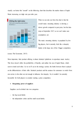 9
visually see better this “assault” on the following chart that describes the market shares of Apple
Music increasing at a high rate year after year.
What we can also see from the chart is that the
overall music streaming industry is showing a
slower growth compared to past years, but the data
stops at September 2017, so we can’t make sure
assumptions yet.
The music streaming industry is populated by few
big players, but it currently feels like a duopoly
thanks to the large size of the 2 bigger competitors.
(source The Economist, 2017)
More important, their product offering is almost identical (platforms to reproduce music tracks).
This force doesn’t affect the profitability of Spotify, and neither the one of Apple Music, which
seem to stand each other. As we we’ll see in the strategy section, the battle between them is played
on the differentiation of their offer. Identical products and the easiness for customers to switch from
one service to the other are not enough to influence the duopoly. So, it wouldn’t be currently
favourable for both players to consider starting a price competition.
 Bargaining power of suppliers
Suppliers can be divided into two categories:
- the big record labels
- the independent artists and the small record labels.
 