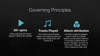 20+ spins
Artist must have 20+ tracks
played in 2020 to be included
Album attribution
I do listen to albums released
prior to 2020, but Spotify
doesn’t provide album data and
I’m too lazy to blend tracks to
albums manually. I’ve done my
best to list “Discogs” where I
know I listened to older stuff.
Tracks Played
This is total count of tracks
played, not unique by track. So
when I play songs twice, that
counts as 2.
 