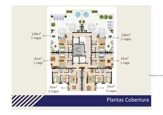 128m²                         128m²
2 vagas                       2 vagas




 41m²                         41m²
 1 vaga                       1 vaga


                                        * Material de trein




           65m²      65m²
          2 vagas   2 vagas

                    Plantas Cobertura
 