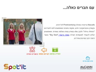 ‫כאלה‬ ‫חברים‬ ‫עם‬...
Nescafe‫בריטניה‬‫במהלך‬Prankvertising‫לכל‬‫דורש‬.
‫בקמפיין‬‫אינטראקטיבי‬‫חדש‬,‫נסקפה‬‫מזמינה‬‫משתמשים‬‫לתת‬‫לחבריהם‬
"‫התחלה‬‫גדולה‬"‫ולככב‬‫שלא‬‫במודע‬‫בסרט‬‫מצלמה‬‫נסתרת‬.‫משתמשים‬
‫יכולים‬‫להעמיד‬‫למועמדות‬‫חבר‬/‫ה‬‫באתר‬‫הייעודי‬"Big Start"‫כאשר‬
‫הזוכה‬‫יככב‬‫בסרטים‬‫עתידיים‬.
 