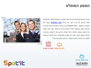 ‫המופלא‬ ‫המסע‬
‫תמיד‬‫קיוויתם‬‫שאחיכם‬‫הגדול‬‫יפתח‬‫עסק‬‫כדי‬‫שתוכלו‬‫ללמוד‬‫מהטעויות‬
‫שלו‬?‫מהיום‬‫לא‬‫צריך‬‫יותר‬‫אח‬‫גדול‬!trekAmbition‫יעשה‬‫את‬
‫העבודה‬‫במקומו‬.Ambition trek‫הינו‬‫אתר‬‫אינטרנט‬(‫כרגע‬‫זמין‬‫רק‬
‫בגרסת‬‫בתא‬)‫ששואף‬‫לתת‬‫ליזמים‬‫מרחב‬‫וירטואלי‬‫שבו‬‫יוכלו‬‫לתעד‬
‫את‬‫המסע‬‫העסקי‬‫שלהם‬,‫החל‬‫משלב‬‫הרעיון‬‫ועד‬‫להנפקה‬‫בבורסה‬.
‫האתר‬‫מבקש‬‫ליצור‬‫במה‬‫בה‬‫אנשים‬‫שאפתנים‬‫יוכלו‬‫להפיץ‬‫רעיונות‬,
‫לחלוק‬‫ידע‬‫וליצור‬‫שיתופי‬‫פעולה‬.‫אז‬‫למה‬‫אתם‬‫מחכים‬?
 