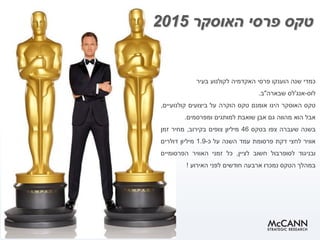 ‫האוסקר‬ ‫פרסי‬ ‫טקס‬2015
‫כמדי‬‫שנה‬‫הוענקו‬‫פרסי‬‫האקדמיה‬‫לקולנוע‬‫בעיר‬
‫לוס‬-‫אנג‬'‫לס‬‫שבארה‬"‫ב‬.
‫טקס‬‫האוסקר‬‫הינו‬‫אומנם‬‫טקס‬‫הוקרה‬‫על‬‫ביצועים‬‫קולנועיים‬,
‫אבל‬‫הוא‬‫מהווה‬‫גם‬‫אבן‬‫שואבת‬‫למותגים‬‫ומפרסמים‬.
‫בשנה‬‫שעברה‬‫צפו‬‫בטקס‬46‫מיליון‬‫צופים‬‫בקירוב‬,‫מחיר‬‫זמן‬
‫אוויר‬‫לחצי‬‫דקת‬‫פרסומת‬‫עמד‬‫השנה‬‫על‬‫כ‬-1.9‫מיליון‬‫דולרים‬
‫ובניגוד‬‫לסופרבול‬‫חשוב‬‫לציין‬,‫כל‬‫זמני‬‫האוויר‬‫הפרסומיים‬
‫במהלך‬‫הטקס‬‫נמכרו‬‫ארבעה‬‫חודשים‬‫לפני‬‫האירוע‬!
 