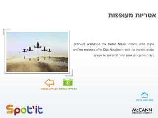 ‫מעופפות‬ ‫אטריות‬
‫ענקית‬‫המזון‬‫היפנית‬Nissin‫רותמת‬‫את‬‫הטכנולוגיה‬‫לשורותיה‬,
‫כשהיא‬‫מקדמת‬‫את‬‫מוצר‬‫ה‬-Cup Noodles‫שלה‬‫באמצעות‬‫מזל‬"‫טים‬
‫ביתיים‬‫שמעבירים‬‫אותם‬‫הישר‬‫לפיותיהם‬‫של‬‫אנשים‬.
 