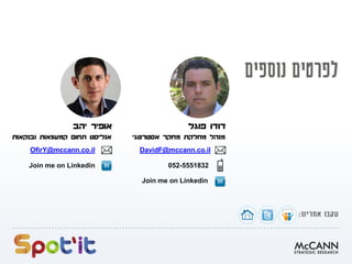 ‫פוגל‬ ‫דודו‬
‫אסטרטגי‬ ‫מחקר‬ ‫מחלקת‬ ‫מנהל‬
DavidF@mccann.co.il
052-5551832
Join me on Linkedin
‫יהב‬ ‫אופיר‬
‫ובנקאות‬ ‫קמעונאות‬ ‫תחום‬ ‫אנליסט‬
Join me on Linkedin
OfirY@mccann.co.il
 