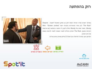 ‫בהפתעה‬ ‫רוק‬
‫במהלך‬‫השנים‬‫נוצרה‬‫חברות‬‫יוצאת‬‫דופן‬‫בין‬‫שחקן‬‫הפוטבול‬‫לשעבר‬,Dwayne
“The Rock”‫לבין‬‫אחד‬‫המראיינים‬‫בתכנית‬‫רשת‬"Screen Junkies”-Nick
Mundy.‫כאשר‬‫צוותו‬‫של‬Mundy‫החליט‬‫לערוך‬‫לו‬‫חתונה‬‫בהפתעה‬(‫עם‬‫ארוסתו‬
‫הקיימת‬‫כמובן‬),The Rock‫הפתיע‬‫והחליט‬‫לעבור‬‫הסמכה‬‫לכומר‬‫ולהשיא‬‫בעצמו‬
‫את‬‫הזוג‬‫האוהב‬.
‫הסרטון‬‫הפך‬‫במהרה‬‫לוויראלי‬‫וגרף‬‫מעל‬2.5‫מיליון‬‫צפיות‬‫בימים‬‫בודדים‬.
 