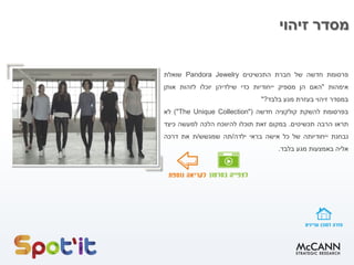 ‫זיהוי‬ ‫מסדר‬
‫פרסומת‬‫חדשה‬‫של‬‫חברת‬‫התכשיטים‬Pandora Jewelry‫שואלת‬
‫אימהות‬"‫האם‬‫הן‬‫מספיק‬‫ייחודיות‬‫כדי‬‫שילדיהן‬‫יוכלו‬‫לזהות‬‫אותן‬
‫במסדר‬‫זיהוי‬‫בעזרת‬‫מגע‬‫בלבד‬?"
‫בפרסומת‬‫להשקת‬‫קולקציה‬‫חדשה‬"(The Unique Collection)"‫לא‬
‫תראו‬‫הרבה‬‫תכשיטים‬.‫במקום‬‫זאת‬‫תוכלו‬‫להיווכח‬‫הלכה‬‫למעשה‬‫כיצד‬
‫נבחנת‬‫ייחודיותה‬‫של‬‫כל‬‫אישה‬‫בראי‬‫ילדה‬/‫תה‬‫שמגשש‬/‫ת‬‫את‬‫דרכה‬
‫אליה‬‫באמצעות‬‫מגע‬‫בלבד‬.
 