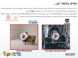 ‫טרנד‬‫ההעצמה‬‫הנשית‬‫ממאן‬‫לשכוך‬‫ולצד‬‫מותגים‬‫שכבר‬‫ביססו‬‫את‬‫האג‬'‫נדה‬‫הנשית‬‫בשפה‬‫התקשורתית‬‫שלהם‬,‫מצטרפים‬‫מותגים‬
‫חדשים‬‫שמעוניינים‬‫לקחת‬‫חלק‬‫בחגיגה‬.‫לפני‬‫שבועיים‬‫היה‬‫זה‬‫הקמפיין‬‫של‬Nike‫והשבוע‬:
Dove‫ממשיך‬‫עם‬‫קו‬‫ה‬-""Real Beauty‫הנשי‬‫והרך‬‫והפעם‬‫בגרסה‬‫העיוורת‬"("Blind Beauty)‫ומנגד‬‫מותג‬‫רכבי‬‫העבודה‬Ram
Trucks‫משיק‬‫קמפיין‬‫חדש‬,‫שמציג‬‫את‬‫הצד‬‫הקשוח‬‫של‬‫הנשים‬‫שמתמודדות‬‫עם‬‫אתגרים‬‫לא‬‫פשוטים‬.
‫הן‬ ‫באשר‬ ‫נשים‬...
Dove Blind Beauty Courage Is Already Inside
 