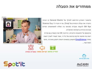 ‫הטבלה‬ ‫את‬ ‫ממחזרים‬
‫בדצמבר‬‫האחרון‬‫התייחסנו‬‫למהלך‬‫של‬General Electric‫בו‬‫הציגה‬
‫החברה‬‫את‬‫טבלת‬‫הניסויים‬‫של‬Emoji,‫עת‬‫זו‬‫חברה‬‫ל‬-Science Guy
Bill Nye‫להקמת‬‫מעבדת‬‫פופ‬-‫אפ‬‫בה‬‫נשלחו‬‫למשתמשים‬‫ניסויים‬
‫מגניבים‬‫וכיפיים‬‫בהשראת‬‫האימוג‬'‫ים‬.
‫החיוביות‬ ‫התגובות‬ ‫על‬ ‫בהתבסס‬,‫הרחיבה‬GE‫עם‬ ‫הקמפיין‬ ‫את‬‫סדרת‬
‫רשת‬‫ניי‬ ‫ביל‬ ‫של‬ ‫בכיכובו‬ ‫פרקים‬ ‫חמישה‬ ‫בת‬,‫השנה‬ ‫לאורך‬ ‫תשודר‬ ‫אשר‬
‫באתר‬EmojiScience‫באנרגיה‬ ‫חיסכון‬ ‫דוגמת‬ ‫בנושאים‬ ‫ותעסוק‬,‫מיפוי‬
‫ועוד‬ ‫המוח‬...
 