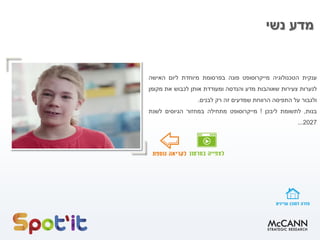 ‫נשי‬ ‫מדע‬
‫ענקית‬‫הטכנולוגיה‬‫מייקרוסופט‬‫פונה‬‫בפרסומת‬‫מיוחדת‬‫ליום‬‫האישה‬
‫לנערות‬‫צעירות‬‫שאוהבות‬‫מדע‬‫והנדסה‬‫ומעודדת‬‫אותן‬‫לכבוש‬‫את‬‫מקומן‬
‫ולגבור‬‫על‬‫התפיסה‬‫הרווחת‬‫שמדעים‬‫זה‬‫רק‬‫לבנים‬.
‫בנות‬,‫לתשומת‬‫ליבכן‬!‫מייקרוסופט‬‫מתחילה‬‫במחזור‬‫הגיוסים‬‫לשנת‬
2027...
 