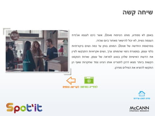 ‫קשה‬ ‫שיחה‬
‫באופן‬‫לא‬‫מפתיע‬,‫מותג‬‫הטיפוח‬Dove,‫אשר‬‫ניכס‬‫לעצמו‬‫אג‬'‫נדת‬
‫העצמה‬‫נשית‬,‫לא‬‫יכול‬‫להישאר‬‫מאחור‬‫ביום‬‫שכזה‬.
‫בפרסומת‬‫החדשה‬‫של‬Dove,‫המותג‬‫בוחן‬‫עד‬‫כמה‬‫נשים‬‫ביקורתיות‬
‫כלפי‬‫עצמן‬.‫במסגרת‬‫ניסוי‬‫שהמותג‬‫ערך‬,‫נשים‬‫אקראיות‬‫התבקשו‬‫לציין‬
‫את‬‫הדעות‬‫האישיות‬‫שלהן‬‫בנוגע‬‫למראה‬‫של‬‫עצמן‬.‫שורות‬‫הטקסט‬
‫הקשות‬‫ביותר‬‫מצאו‬‫דרכן‬‫לתסריט‬‫אותו‬‫הציגו‬‫צמד‬‫שחקניות‬‫שאף‬‫הן‬
‫התקשו‬‫להוציא‬‫את‬‫המילים‬‫מפיהן‬.
 
