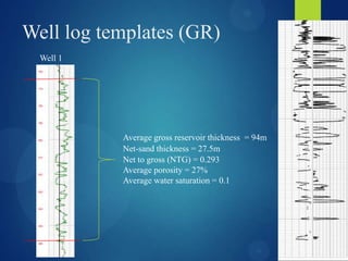 Well log templates (GR)
Well 1
Average gross reservoir thickness = 94m
Net-sand thickness = 27.5m
Net to gross (NTG) = 0.293
Average porosity = 27%
Average water saturation = 0.1
 