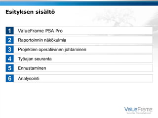 Esityksen sisältö


1   ValueFrame PSA Pro

2   Raportoinnin näkökulmia

3   Projektien operatiivinen johtaminen

4   Työajan seuranta

5   Ennustaminen

6   Analysointi




                                          Suuntaa menestykseen
 