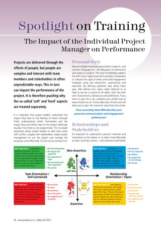 38 www.pmtoday.co.uk | JUNE/JULY 2015
Spotlight on Training
The Impact of the Individual Project
Manager on Performance
Projects are delivered through the
efforts of people, but people are
complex and interact with team
members and stakeholders in often
unpredictable ways. This in turn
can impact the performance of the
project. It is therefore puzzling why
the so called ‘soft’ and ‘hard’ aspects
are treated separately.
It is important that project leaders understand the
impact they have on the feelings of others (through
firstly understanding better themselves) and the
impact they and others have on the project (although
equally, if not more so, for programmes). This increased
awareness allows project leaders to deal more easily
with conflict, engage with stakeholders, adapt project
management to suit the project and manage the
processes more effectively. So how do we achieve this?
Personal Style
We use multiple inventories to provide an insight to - and
common language for - the discussion of preferences
and impact on projects. The most immediately usable is
the iMA Colour Styles tool which provides a framework
to interpret the style of others and build engagement
strategies using two distinctions: assertiveness and
openness. By defining preferred style along these
axes, iMA defines four colour styles (referred to as
High as we are a mixture of all styles). Each has their
own characteristics, behaviours and preferences. If you
want to give this a try, complete your profile now at
www.ima-pm.co.uk. It only takes two minutes and will
allow you to gain the maximum value from this article.
How accurately does iMA describe your
personal communication and engagement
preferences?
Relationships and
Stakeholders
It’s important to understand a person’s intention and
motivations as this allows us to relate more effectively
to them and their actions – and therefore build better
iMA High Green … are serious,
analytical, persistent, systematic
and task oriented people who enjoy
problem solving, perfecting processes
and working towards tangible results.
They do research, make comparisons,
determine risk, calculate margins of
error and then take action.
iMA High Red … are goal oriented
go-getters who are most comfortable
when they are in charge of people
and situations. They focus on a
no-nonsense approach to bottom-line
results. They are fast-paced; task
oriented and work quickly by
themselves.
•	Be time disciplined
•	Be logical and
	prepared
•	Be respectful of
	rules
•	Be structured and
	 well organised
•	Be precise
•	Be practical
•	Be brief
•	Be assertive
•	Be to the point
•	Be supportive of 	
	 my goals
Non-Assertive
Assertive
Task Orientation /
Self-contained
Relationship
Orientation / Open
iMA High Blue … are warm,
supportive and nurturing individuals
who develop strong networks of
people who are willing to be mutually
supportive and reliable. They are
excellent team players, courteous,
friendly, good planners; persistent
workers and good with follow through.
iMA High Yellow … are outgoing,
friendly and enthusiastic idea people
who excel in getting others excited
about their vision. They are fast paced,
high energy and deal with people in a
positive upbeat way; eternal optimists
that can influence people and build
alliances to accomplish their goals.
•	Be pleasant
•	Be non assertive
•	Be selfless  
•	Be supportive
	 of my feelings
•	Be sincere
•	Be flexible
•	Be quick paced
•	Be positive
•	Be generous
	 with your praise
•	Be supportive of
	 my idea
 