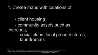 4. Create maps with locations of:
- client housing
- community assets such as
churches,
social clubs, local grocery stores...