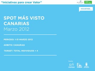 “Iniciativas para crear Valor”




 SPOT MÁS VISTO
 CANARIAS
 Marzo 2012

 PERIODO: 1-31 MARZO 2012

 AMBITO: CANARIAS

  TARGET: TOTAL INDIVIDUOS + 4



                                 Impulsa:
 