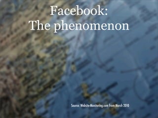 Facebook:
The phenomenon




     Source: Website-Monitoring.com from March 2010
 
