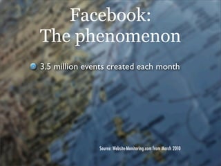 Facebook:
The phenomenon
3.5 million events created each month




               Source: Website-Monitoring.com from Marc...