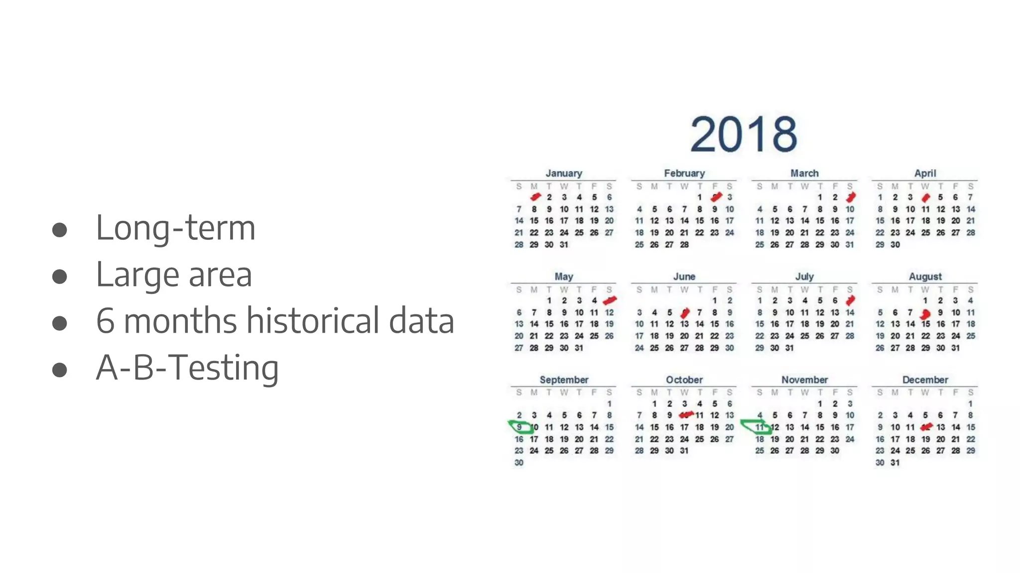 ● Long-term
● Large area
● 6 months historical data
● A-B-Testing
 