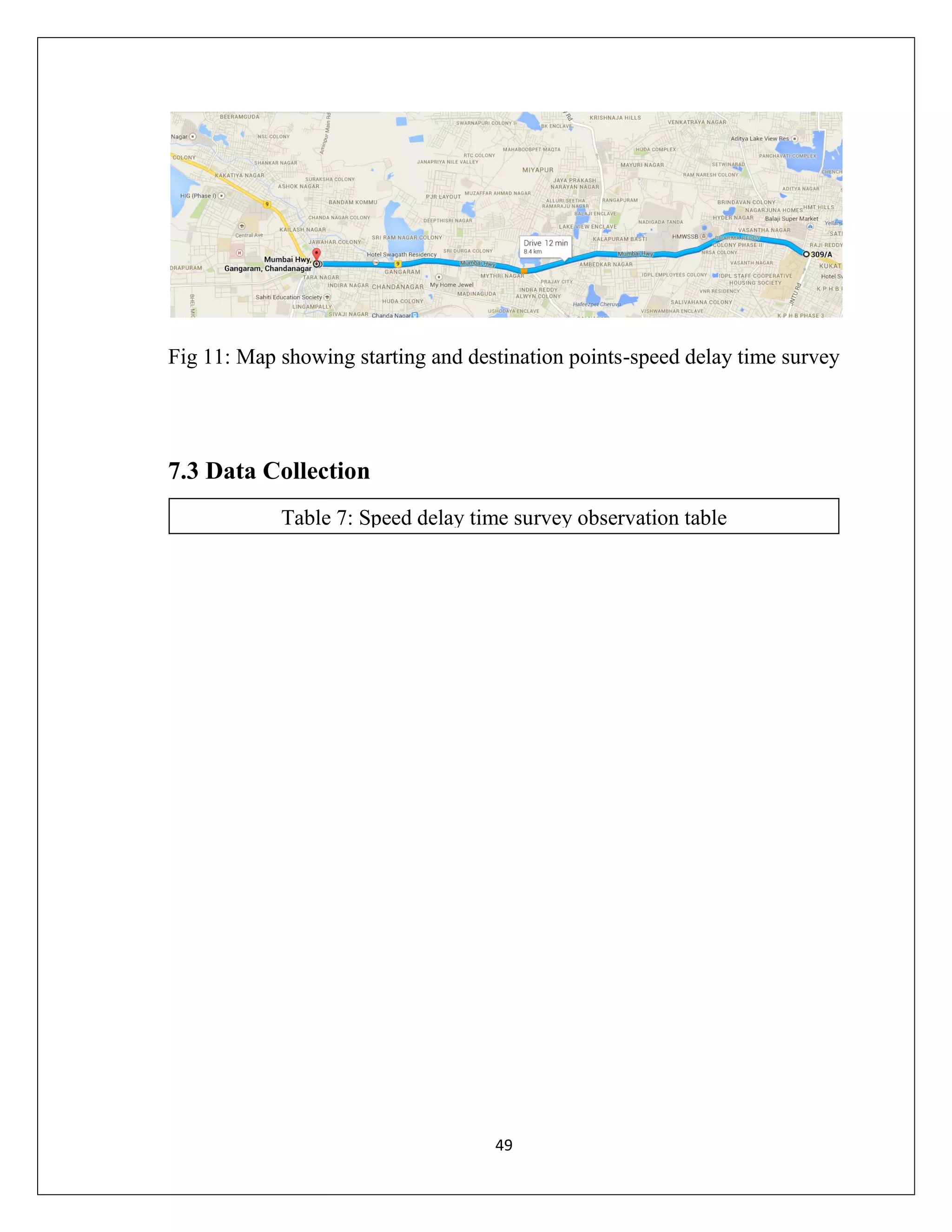 49
Fig 11: Map showing starting and destination points-speed delay time survey
7.3 Data Collection
Table 7: Speed delay time survey observation table
 