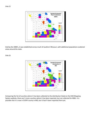 Slide 25




                                                                   2000’s




And by the 2000’s, it was established across much of southern Missouri, with additional populations scattered
areas around the state.


Slide 26




                                                                 Distribution in
                                                                     MO




Comparing the list of counties where it has been collected to the distribution listed on the EDD Mapping
System website, there are 5 more counties where it has been reported, but not collected for MBG. It is
possible that it is now in EVERY county in MO, but it hasn’t been reported there yet.
 