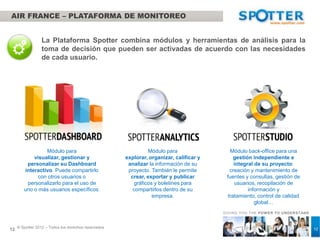 AIR FRANCE – PLATAFORMA DE MONITOREO


                 La Plataforma Spotter combina módulos y herramientas de análisis para la
                 toma de decisión que pueden ser activadas de acuerdo con las necesidades
                 de cada usuario.




            Módulo para visualizar,                        Módulo para explorar,           Módulo back-office para una
         gestionar y personalizar su                  organizar, calificar y analizar       gestión independiente e
        Dashboard interactivo. Puede                  la información de su proyecto.         integral de su proyecto:
        compartirlo con otros usuarios o                 También le permite crear,        creación y mantenimiento de
         personalizarlo para el uso de                exportar y publicar gráficos y     fuentes y consultas, gestión de
        uno o más usuarios específicos.                 boletines para compartirlos          usuarios, recopilación de
                                                           dentro de su empresa.            información y tratamiento,
                                                                                           control de calidad global…


                                                                                        GIVING YOU THE POW ER TO UNDERSTAND



     © Spotter 2012 – Todos los derechos reservados                                                                           12
12
 