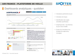 AIR FRANCE – PLATEFORME DE VEILLE

     Dashboards analytiques - quotidien
                                               Indicateurs pertinents du jour

                                               Indicateur de risque

                                               Identification des sujets
                                                sensibles (syntheses)

                                               Graphique des « top thèmes»
                                                du jour avec tonalité

                                               Accès aux données et au
                                                livrables de veille et/ou
                                                d’analyse




                                          GIVING YOU THE POW ER TO UNDERSTAND



© Spotter 2012 – Tous droits réservés                                            3
 