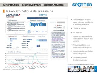 AIR FRANCE – NEWSLETTER HEBDOMADAIRE

     Vision synthétique de la semaine

                                             Tableau de bord de deux
                                              pages indiquant les KPIs de
                                              la semaine précedente

                                             Courbe de volume

                                             Top sources

                                             Tonalité des retours clients
                                              sur les thèmes majeurs de la
                                              semaine

                                             Analyse qualitative avec
                                              présentation de verbatims

                                             Indicateurs clés des Médias
                                              Sociaux du groupe

                                             Diffusée à toutes les
                                              directions du groupe

                                        GIVING YOU THE POW ER TO UNDERSTAND



© Spotter 2012 – Tous droits réservés                                         5
 