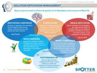 SPOTTER ANALYTICS : DE L’OPERATIONNEL AU DECISIONNEL


              SOLUTION REPUTATION MANAGEMENT
              Nous couvrons toute la chaîne de gestion de la Réputation et de mesure d’efficacité.




    REPUTATION CORPORATE                                    E-REPUTATION                             RISQUE REPUTATION
    Analyser la réputation de la société et           Analyser la réputation digitale de        Suivre l’évolution et la propagation
    de ses dirigeants. Mesurer les                     la marque et maîtriser le risque                 des opinions pour réagir de
    risques / opportunités pour agir                 d’exposition sur le web. Suivre les          manière ciblée lors de situations
    auprès des relais d’opinion.                        influenceurs pour optimiser les           sensibles. Identifier les rumeurs,
                                                               relations digitales.                       les sujets à risque, ou les
         MAITRISER                   PUBLICS CIBLE                                                    campagnes de dénigrement
                                                                  ENGAGEMENT                   UGC               (RE)ACTION
                             IMAGE MARQUES
                             Mesurer la notoriété et évaluer                  IMPACT CAMPAGNES
                             l’image de la marque. Suivre et              Mesurer l’impact des campagnes,
                             analyser l’opinion des « fans » et           suivre le buzz généré et identifier
                             des communautés pour                          la perception des publics cibles.
                             développer la proximité et                    Etablir des benchmarks avec les
                             l’empathie.                                               concurrents et/ou des
                                                          INFLUENCE                   campagnes similaires.
                                                 ROI                         BENCHMARK
                                                       PERFORMANCE RP
                                                         Mesurer l’efficacité des
                                                      campagnes RP et des actions
                                                         d’influence. Etablir des
                                                    indicateurs de performance pour
                                                       évaluer et améliorer le ROI.
8   GIVING YOU THE POWER TO UNDERSTAND
 