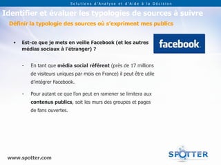 Solutions d’Analyse et d’Aide à la Décision


Identifier et évaluer les typologies de sources à suivre
 Définir la typologie des sources où s’expriment mes publics


   •   Est-ce que je mets en veille Facebook (et les autres
       médias sociaux à l’étranger) ?


       -   En tant que média social référent (près de 17 millions
           de visiteurs uniques par mois en France) il peut être utile
           d’intégrer Facebook.

       -   Pour autant ce que l’on peut en ramener se limitera aux
           contenus publics, soit les murs des groupes et pages
           de fans ouvertes.




 www.spotter.com
 